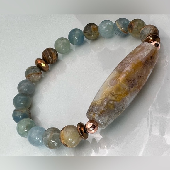 LEMURIAN AQUATINE + OCEAN JASPER NATURAL STONES BRACELET size 8” - Picture 5 of 9